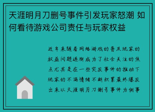 天涯明月刀删号事件引发玩家怒潮 如何看待游戏公司责任与玩家权益